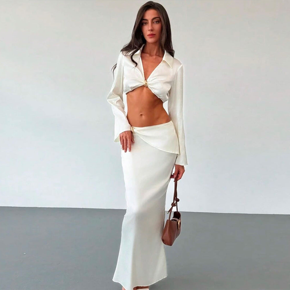 Satin Two-Piece Set – Collar Crop Top & Maxi Skirt | Viktoriya Milano