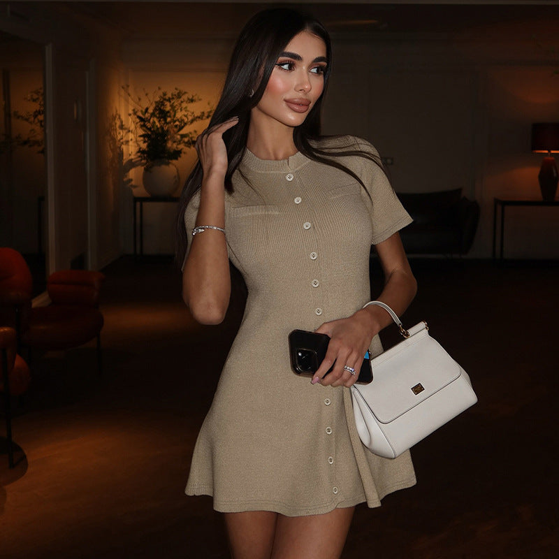 Beige Button-Up Mini Dress – Soft Knit Style | Viktoriya Milano