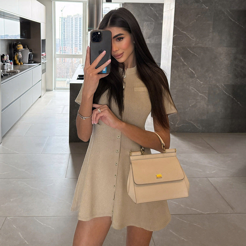 Beige Button-Up Mini Dress – Soft Knit Style | Viktoriya Milano